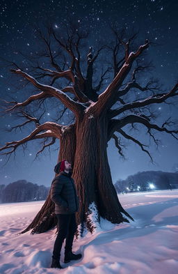 A winter night scene with a man standing beside a majestic oak tree, surrounded by a blanket of snow