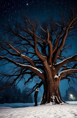 A winter night scene with a man standing beside a majestic oak tree, surrounded by a blanket of snow