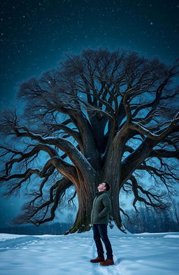 A winter night scene with a man standing beside a majestic oak tree, surrounded by a blanket of snow