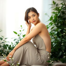 A young woman sitting gracefully in a serene environment, her pose elegant and natural