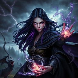 An epic fantasy scene depicting a powerful sorceress named Deceaser, wielding dark, swirling magic around her