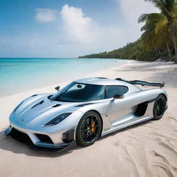 A sleek and shiny Koenigsegg Jesko supercar, colored in a radiant silver, parked beside a mesmerizing Maldivian beach with turquoise waters and white sand in the background.