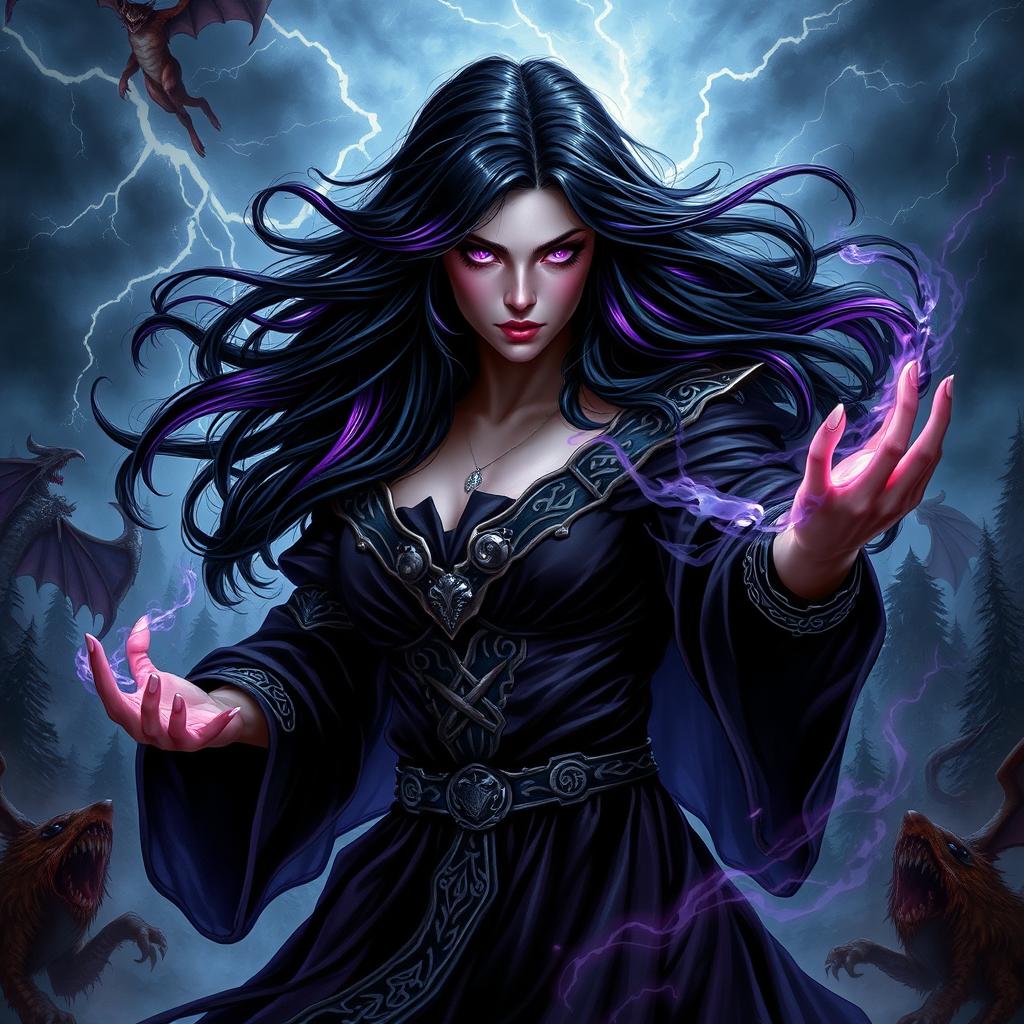 An epic fantasy scene depicting a powerful sorceress named Deceaser, wielding dark, swirling magic around her