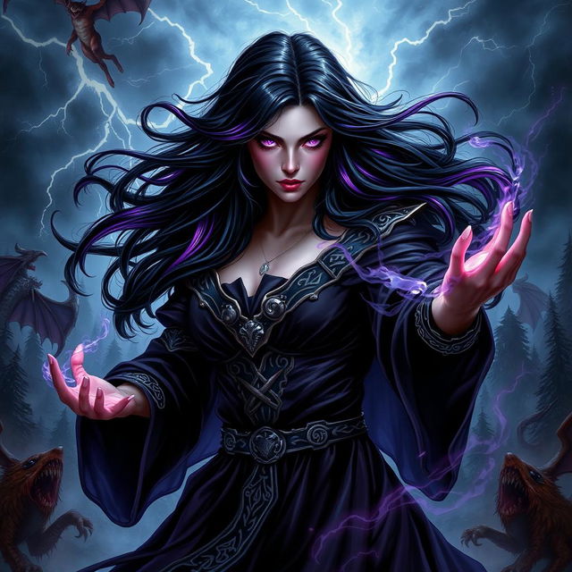 An epic fantasy scene depicting a powerful sorceress named Deceaser, wielding dark, swirling magic around her