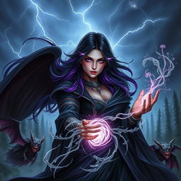 An epic fantasy scene depicting a powerful sorceress named Deceaser, wielding dark, swirling magic around her