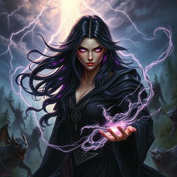 An epic fantasy scene depicting a powerful sorceress named Deceaser, wielding dark, swirling magic around her