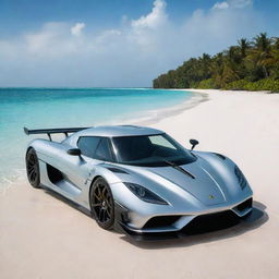 A sleek and shiny Koenigsegg Jesko supercar, colored in a radiant silver, parked beside a mesmerizing Maldivian beach with turquoise waters and white sand in the background.