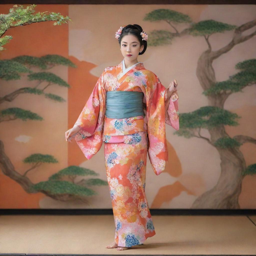 A Nihon Buyo dancer elegantly posing in a colorful kimono, on a stage featuring a serene Japanese garden and a traditional paper wall.