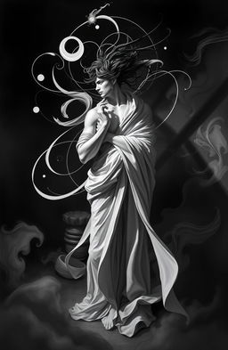 A stunning portrayal of the orphic genius, depicted in dramatic black and white