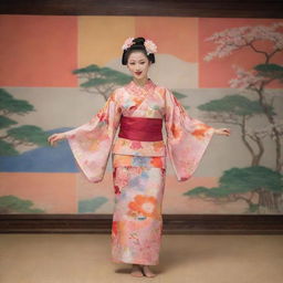 A Nihon Buyo dancer elegantly posing in a colorful kimono, on a stage featuring a serene Japanese garden and a traditional paper wall.