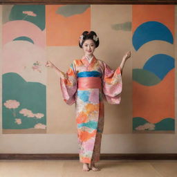 A Nihon Buyo dancer elegantly posing in a colorful kimono, on a stage featuring a serene Japanese garden and a traditional paper wall.