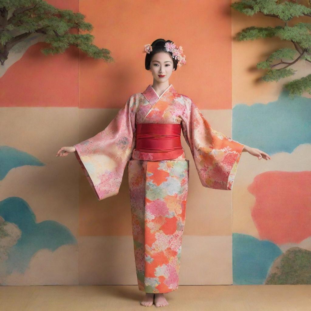 A Nihon Buyo dancer elegantly posing in a colorful kimono, on a stage featuring a serene Japanese garden and a traditional paper wall.