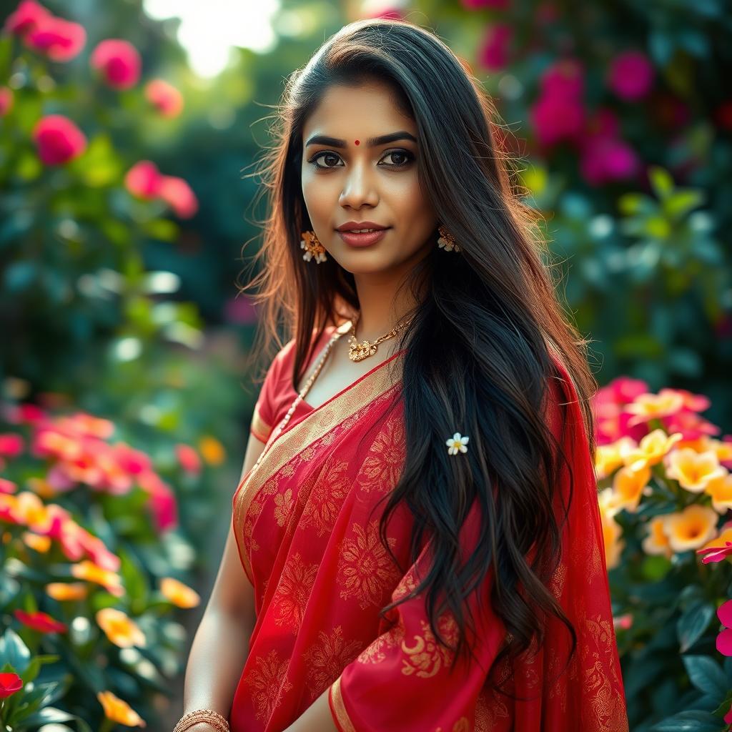 A portrait of a young Indian woman standing gracefully amidst beautiful flower gardens