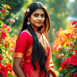 A portrait of a young Indian woman standing gracefully amidst beautiful flower gardens