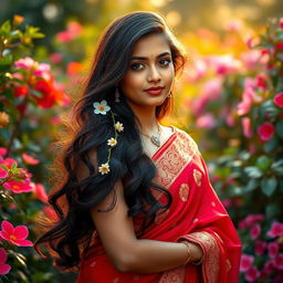 A portrait of a young Indian woman standing gracefully amidst beautiful flower gardens