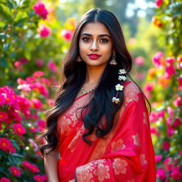 A portrait of a young Indian woman standing gracefully amidst beautiful flower gardens