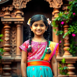 A portrait of a young Indian girl, standing proud with traditional attire