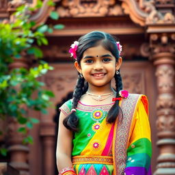 A portrait of a young Indian girl, standing proud with traditional attire