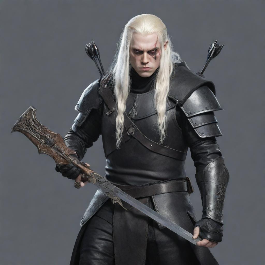 An albino assassin with long hair, dressed in black leather armor, wielding a handheld crossbow and a dagger. Render it with a hand-drawn style.