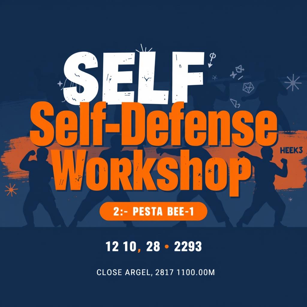 A dynamic and eye-catching poster design for a self-defense event, featuring bold typography that reads 'Self-Defense Workshop'