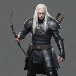 An albino assassin with long hair, dressed in black leather armor, wielding a handheld crossbow and a dagger. Render it with a hand-drawn style.