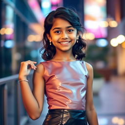 A portrait of a young Indian girl, aged 14, wearing a stylish PU cocktail mini dress