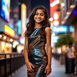 A portrait of a young Indian girl, aged 14, wearing a stylish PU cocktail mini dress