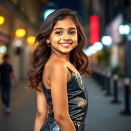 A portrait of a young Indian girl, aged 14, wearing a stylish PU cocktail mini dress