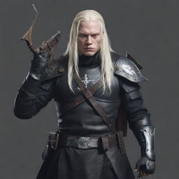 An albino assassin with long hair, dressed in black leather armor, wielding a handheld crossbow and a dagger. Render it with a hand-drawn style.