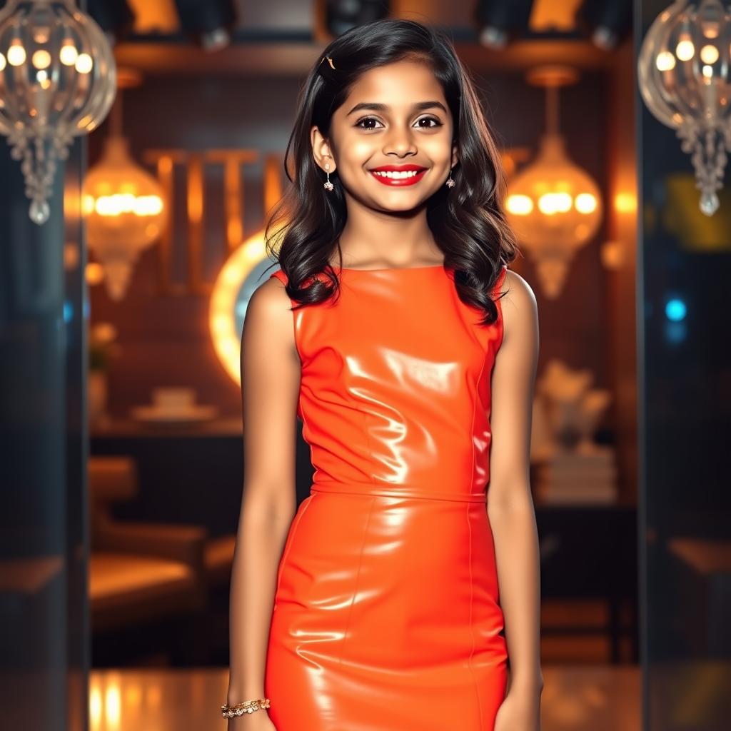 A full-body portrait of a young Indian girl, aged 14, confidently wearing a chic PU cocktail mini dress in a striking color