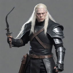 An albino assassin with long hair, dressed in black leather armor, wielding a handheld crossbow and a dagger. Render it with a hand-drawn style.