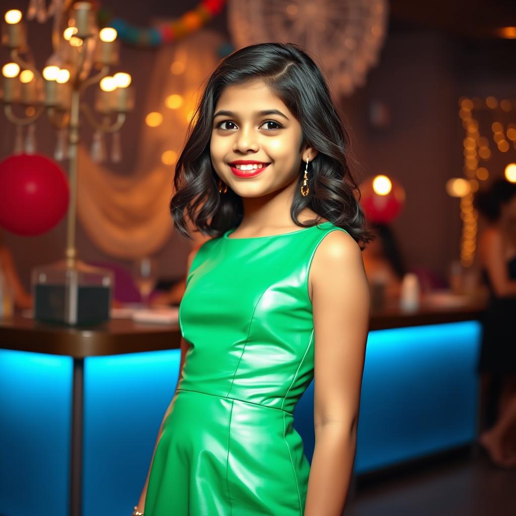 A full-body portrait of a young Indian girl, aged 14, confidently wearing a chic PU cocktail mini dress in a striking color