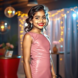 A full-body portrait of a young Indian girl, aged 14, confidently wearing a chic PU cocktail mini dress in a striking color