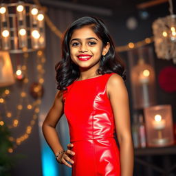 A full-body portrait of a young Indian girl, aged 14, confidently wearing a chic PU cocktail mini dress in a striking color