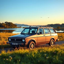 a remarkable 1982 VW Voyage GLS in a serene countryside landscape, featuring its elegant design with smooth curves, classic slate gray color, and distinctive grille, parked near a picturesque lake reflecting the clear blue sky, grass and wildflowers in the foreground, and a gentle sunset casting warm light over the scene, capturing a nostalgic and tranquil atmosphere, with birds flying in the distance