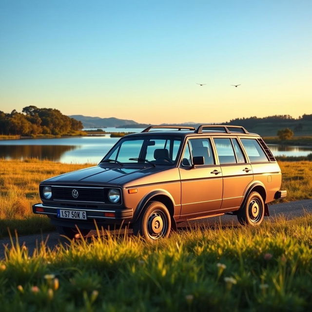 a remarkable 1982 VW Voyage GLS in a serene countryside landscape, featuring its elegant design with smooth curves, classic slate gray color, and distinctive grille, parked near a picturesque lake reflecting the clear blue sky, grass and wildflowers in the foreground, and a gentle sunset casting warm light over the scene, capturing a nostalgic and tranquil atmosphere, with birds flying in the distance