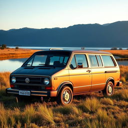 a remarkable 1982 VW Voyage GLS in a serene countryside landscape, featuring its elegant design with smooth curves, classic slate gray color, and distinctive grille, parked near a picturesque lake reflecting the clear blue sky, grass and wildflowers in the foreground, and a gentle sunset casting warm light over the scene, capturing a nostalgic and tranquil atmosphere, with birds flying in the distance