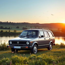 a remarkable 1982 VW Voyage GLS in a serene countryside landscape, featuring its elegant design with smooth curves, classic slate gray color, and distinctive grille, parked near a picturesque lake reflecting the clear blue sky, grass and wildflowers in the foreground, and a gentle sunset casting warm light over the scene, capturing a nostalgic and tranquil atmosphere, with birds flying in the distance