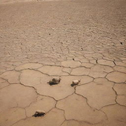 The parched and barren Earth is depicted with the addition of lifeless livestock scattered across the dry, cracked land, depicting the harsh conditions.