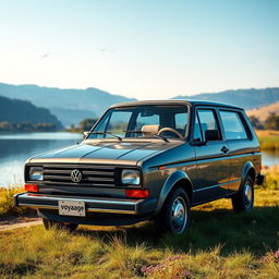 a remarkable 1982 VW Voyage GLS in a serene countryside landscape, featuring its elegant design with smooth curves, classic slate gray color, and distinctive grille, parked near a picturesque lake reflecting the clear blue sky, grass and wildflowers in the foreground, and a gentle sunset casting warm light over the scene, capturing a nostalgic and tranquil atmosphere, with birds flying in the distance