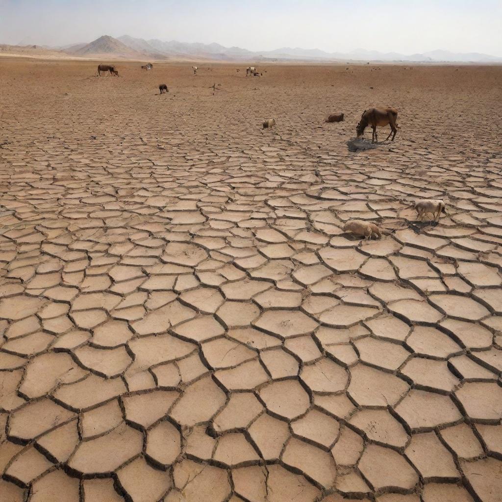 The parched and barren Earth is depicted with the addition of lifeless livestock scattered across the dry, cracked land, depicting the harsh conditions.