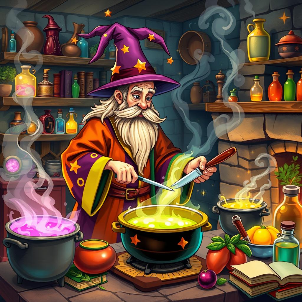 A whimsical scene of a wizard in a colorful robe, expertly cooking in a magical kitchen filled with floating pots and glowing ingredients