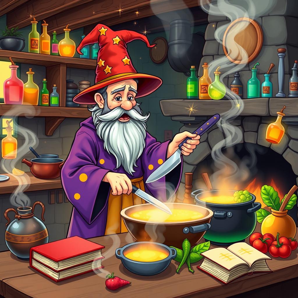 A whimsical scene of a wizard in a colorful robe, expertly cooking in a magical kitchen filled with floating pots and glowing ingredients