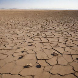 The parched and barren Earth is depicted with the addition of lifeless livestock scattered across the dry, cracked land, depicting the harsh conditions.