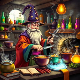 A whimsical scene of a wizard in a colorful robe, expertly cooking in a magical kitchen filled with floating pots and glowing ingredients