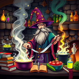 A whimsical scene of a wizard in a colorful robe, expertly cooking in a magical kitchen filled with floating pots and glowing ingredients