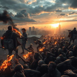 A dramatic scene inspired by the concept of a zombie apocalypse, featuring hordes of fast-moving zombies overwhelming a cityscape