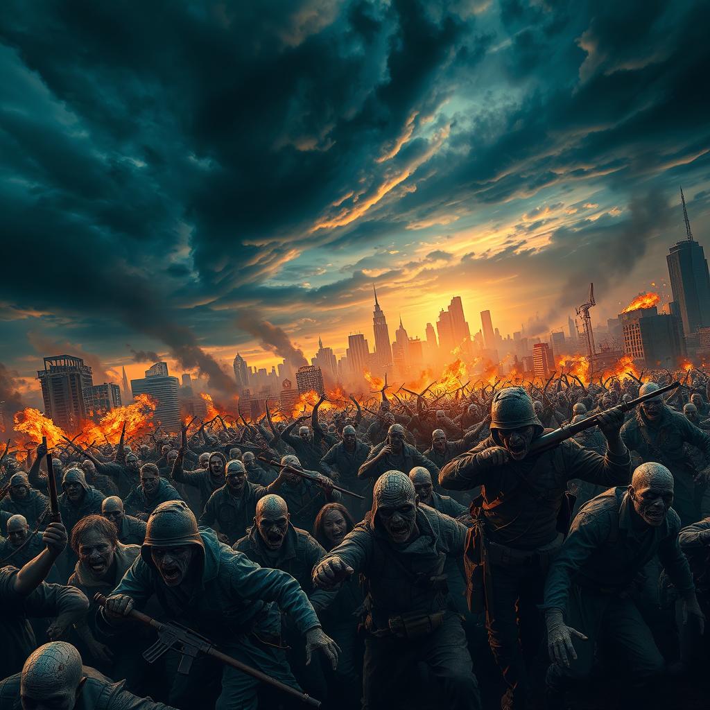 A dramatic scene inspired by the concept of a zombie apocalypse, featuring hordes of fast-moving zombies overwhelming a cityscape