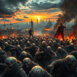 A dramatic scene inspired by the concept of a zombie apocalypse, featuring hordes of fast-moving zombies overwhelming a cityscape