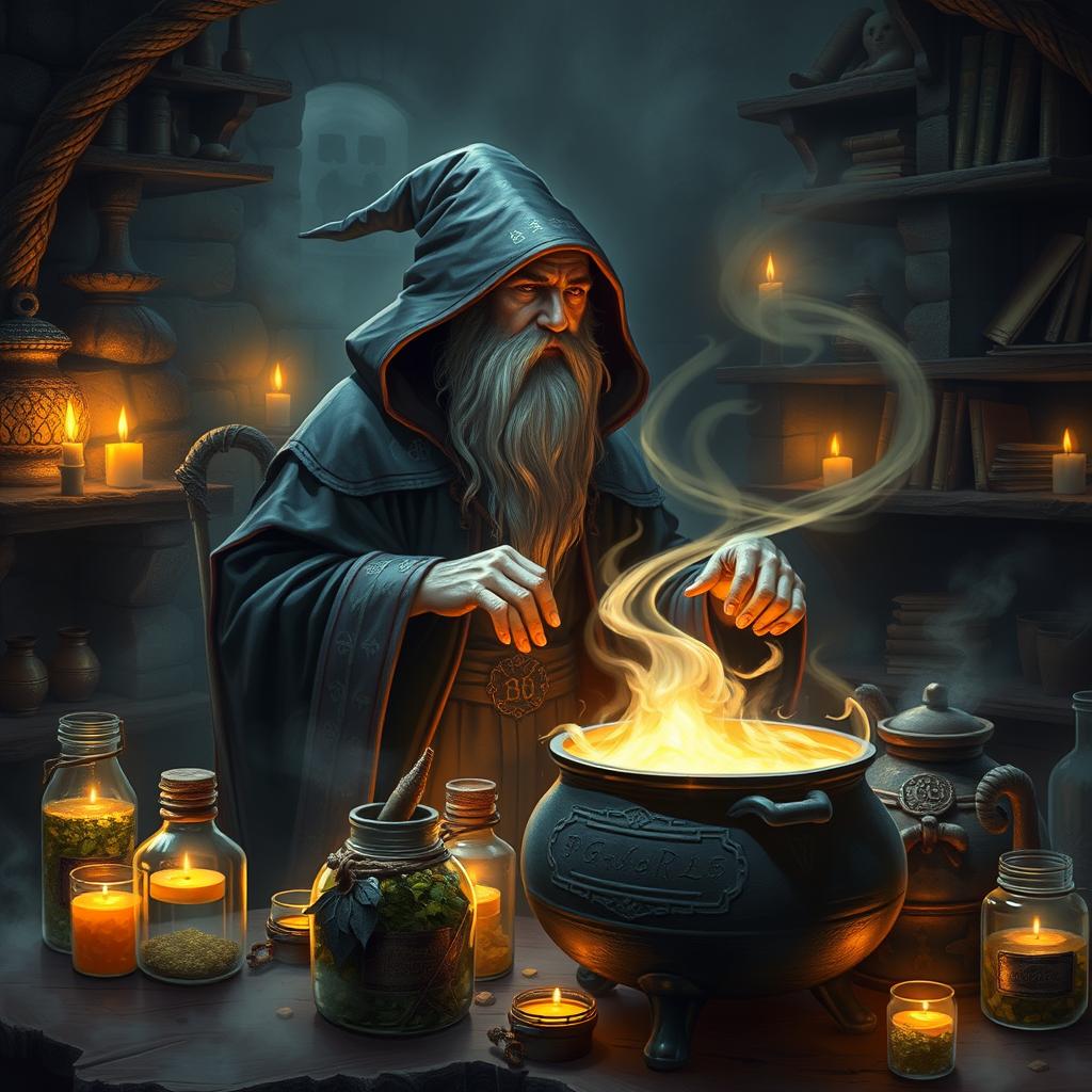 A dark fantasy setting featuring an enigmatic wizard in a dimly lit, mystical kitchen